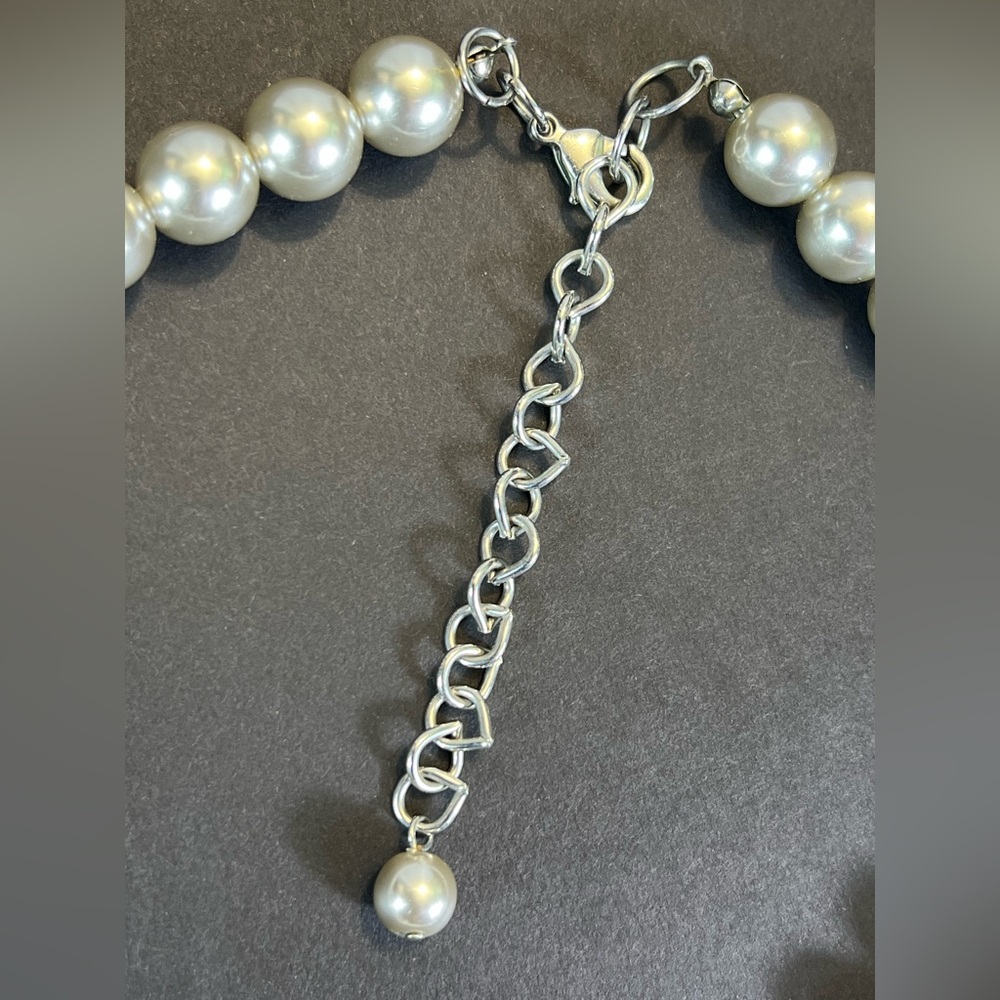 New Satin Silver Multi Layer Necklace with Cascading Faux Pearls - Picture 4 of 6